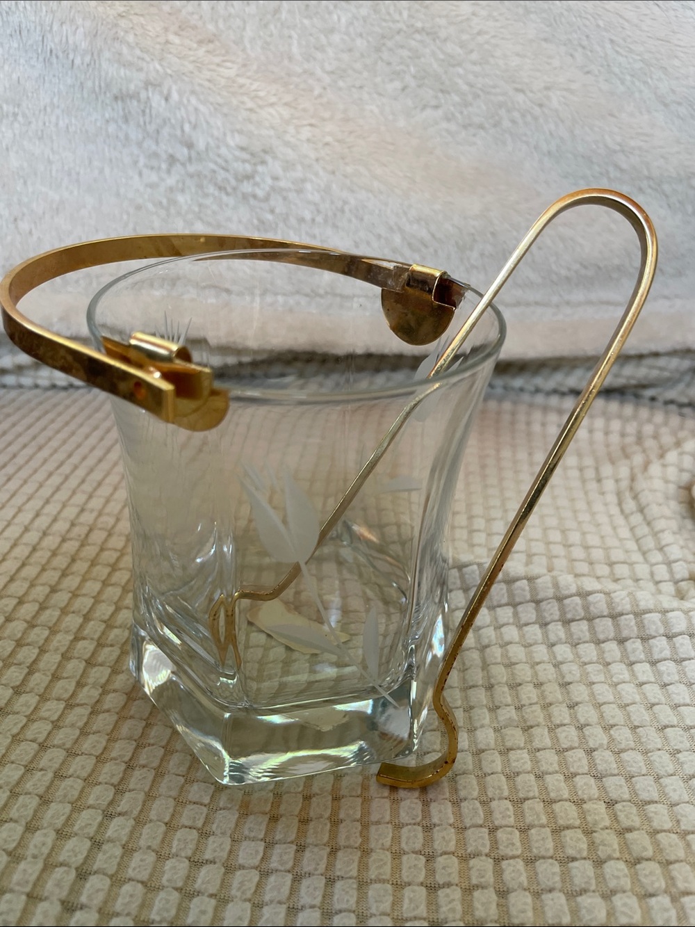 Etched Glass Ice Bucket with Gold-Tone Handle Tongs